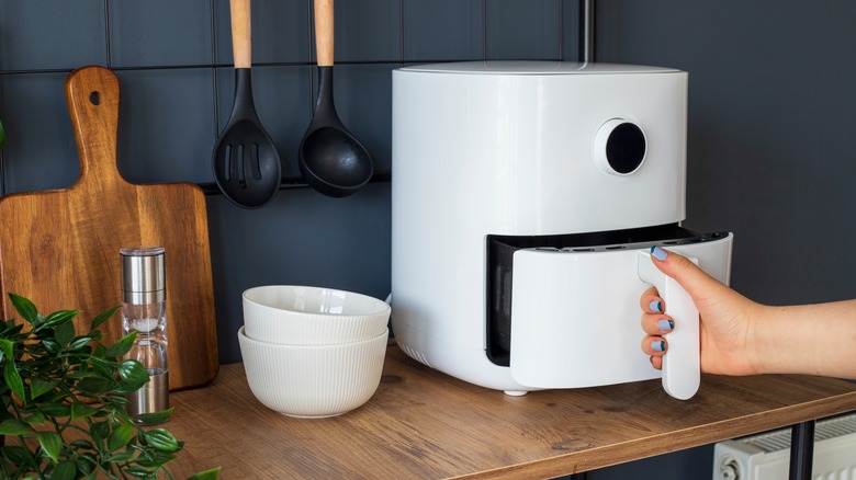 woman using an air fryer to fry food