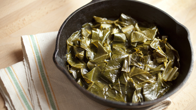 Collard greens in iron skillet