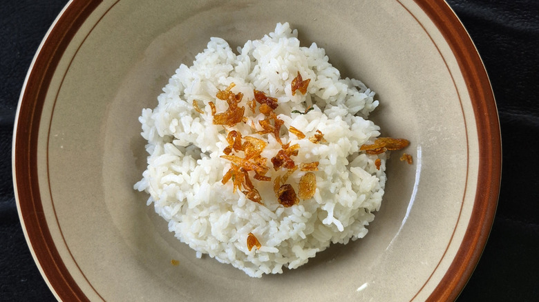 Ceramic bowl of white rice with crispy onions sprinkled on top