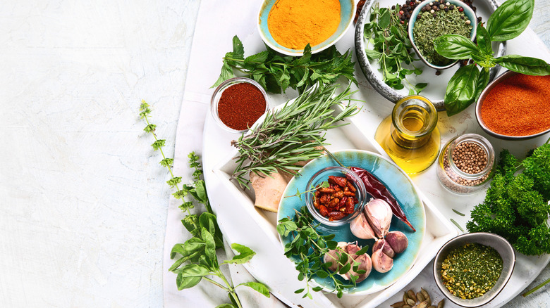 Assorted fresh and dry herbs and spices
