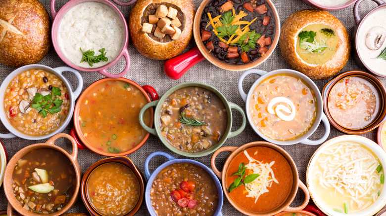 various soups with garnishes
