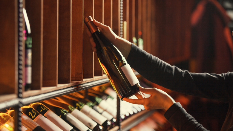 person holding a wine bottle at a wine shop