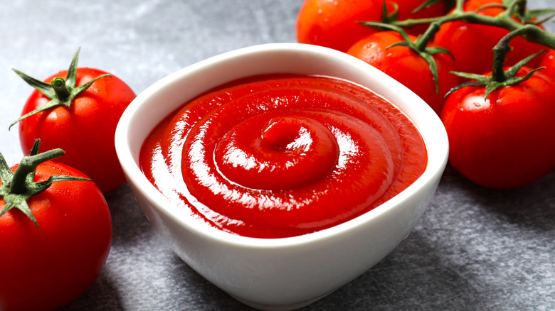 Bowl of ketchup surrounded by tomatoes