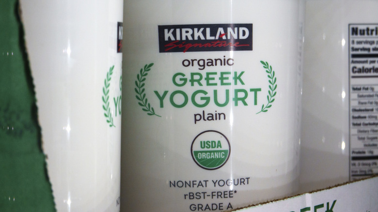 close up of tub of kirkland signature organic nonfat greek yogurt