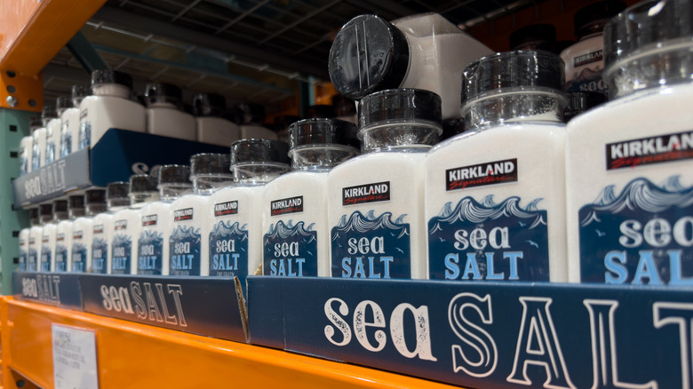 row of Kirkland Signature sea salt containers on shelf