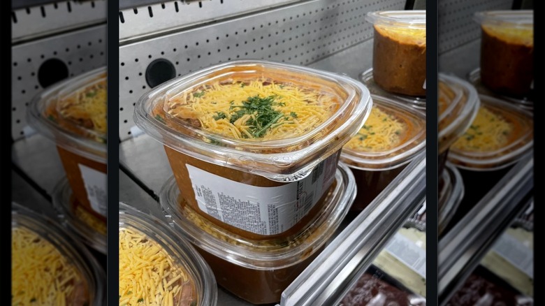 Costco beef chili in plastic containers in cold case