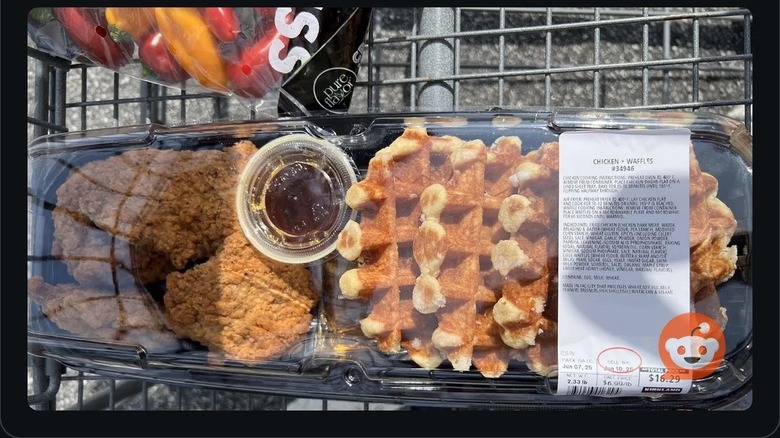 Costco chicken and waffles in a shopping cart