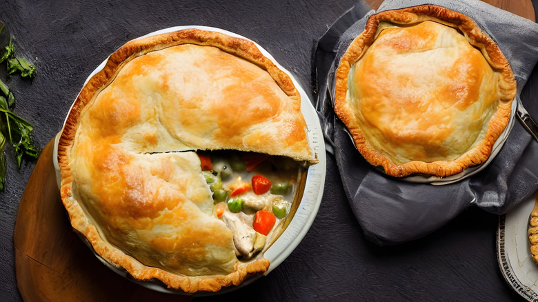 Overhead view of two pot pies on cutting boards