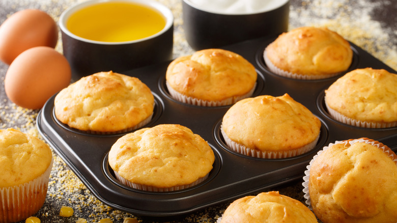Homemade corn bread muffins in a baking tray