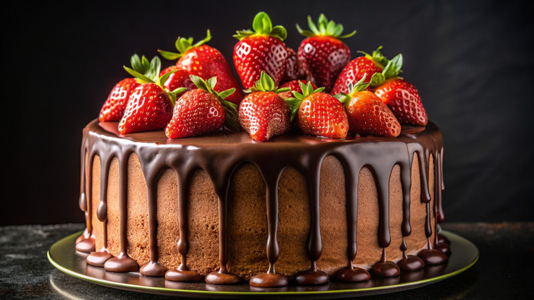 Chocolate cake topped with strawberries n a metallic plate on a black countertop