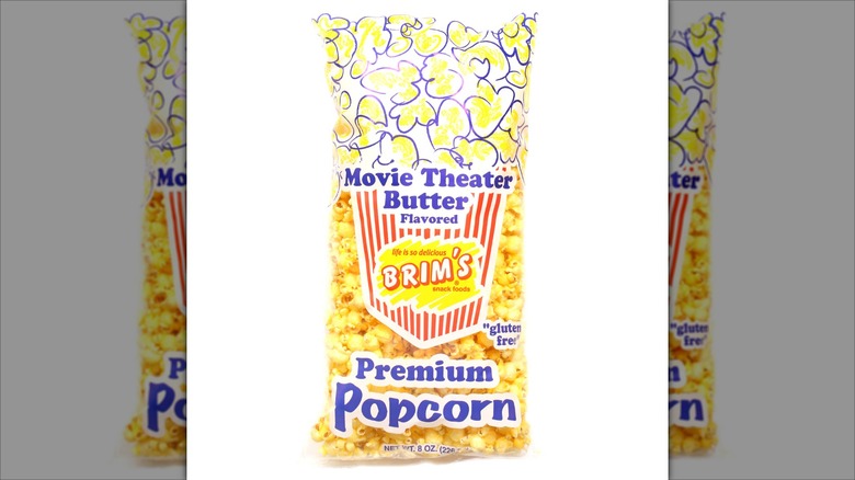 A bag of Brim's Movie Theater Butter Flavored Premium Popcorn against a white background
