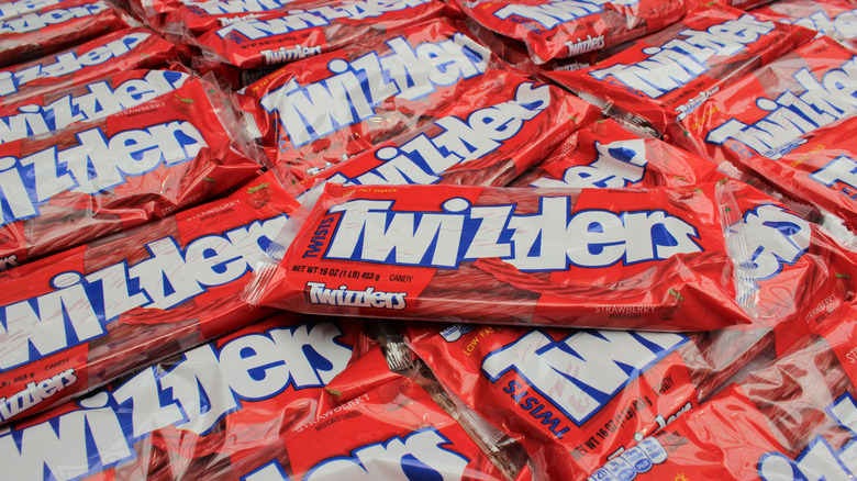 Packages of Twizzlers stacked in a store display