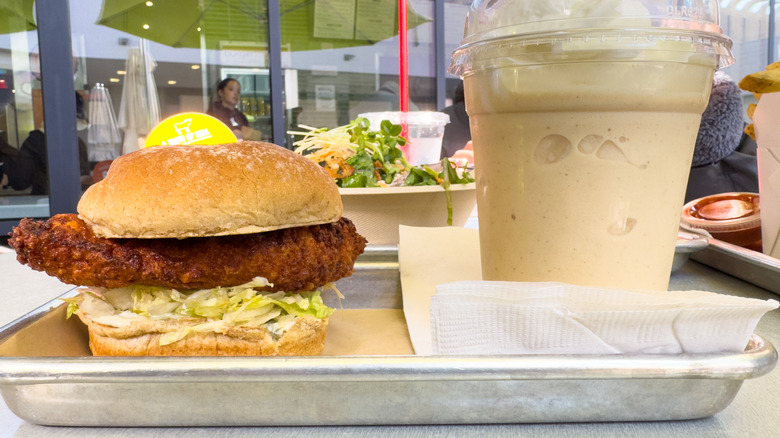 Burger Lounge grass fed burger with salad and shake