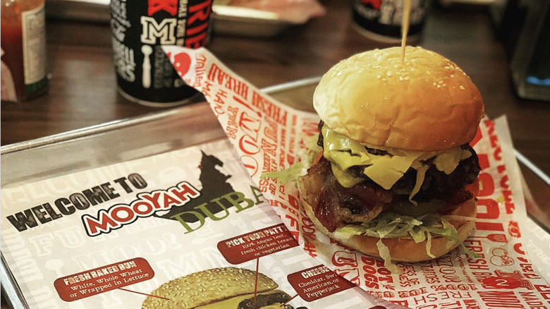 Mooyah burger on metal tray