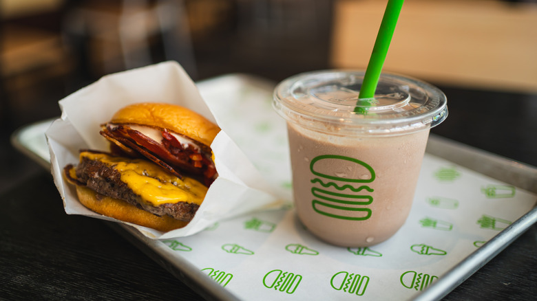 Shake Shack burger on tray with milkshake