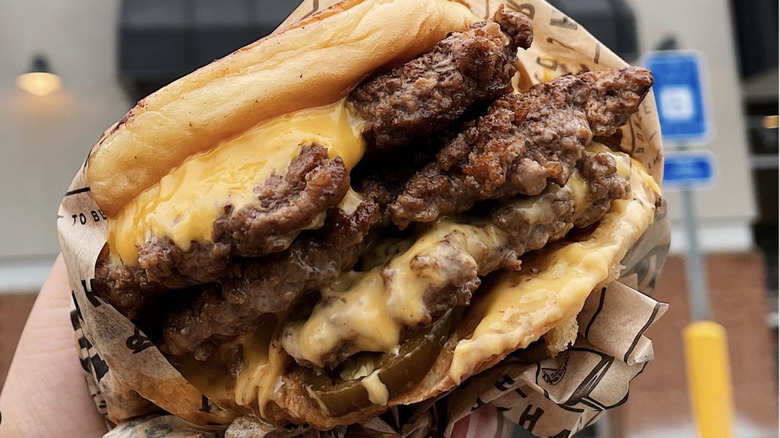 Closeup of burger from Wayback Burgers