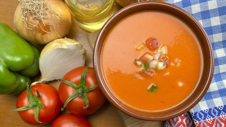 Andalucian gazpacho with its ingredients.