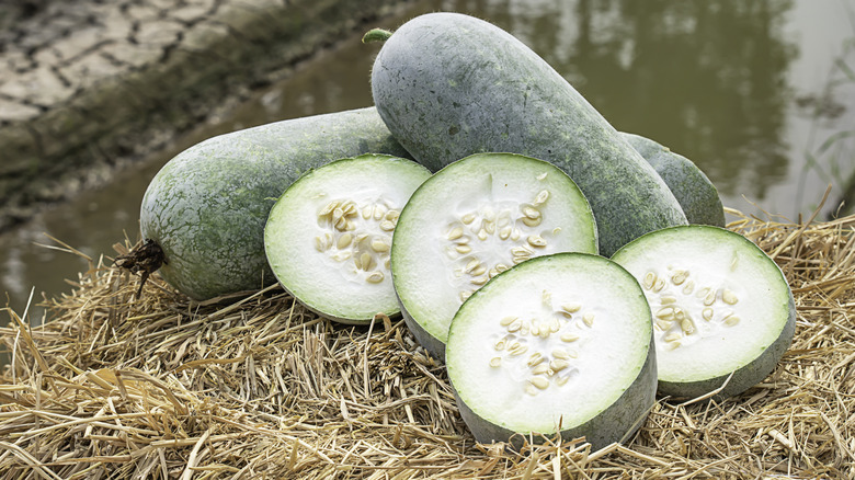 Whole and sliced winter melons.
