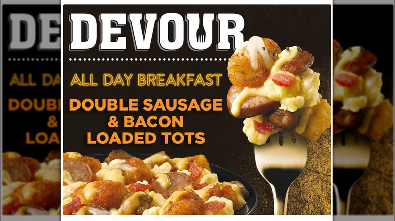 A package of Devour All Day Breakfast Double Sausage & Bacon Loaded Tots