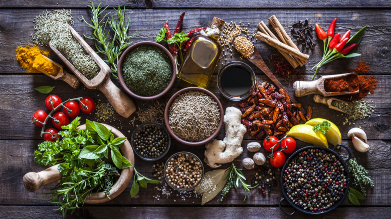 Bowls of herbs and spices