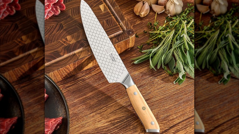 Kyoku 8 in. Koi Series Japanese Chef Knife with Olive Wood Handle resting on a wooden cutting board.