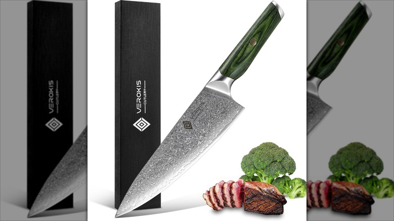 VEROXIS Damascus Chef Knife 8 Inch with Ergonomic Pakkawood Handle.