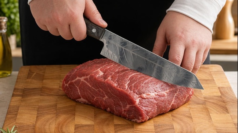 8-Inch ALLWIN HOUSEWARE Deep Electro‑etched Leaf Pattern knife with 3D Air‑Pocket Design.
