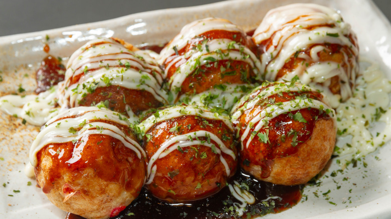 Closeup of a plate of Takoyaki