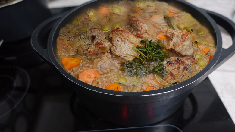 Veal with onions in a cast iron Dutch oven