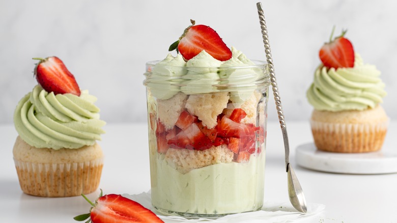 Layered strawberry dessert in a jam jar