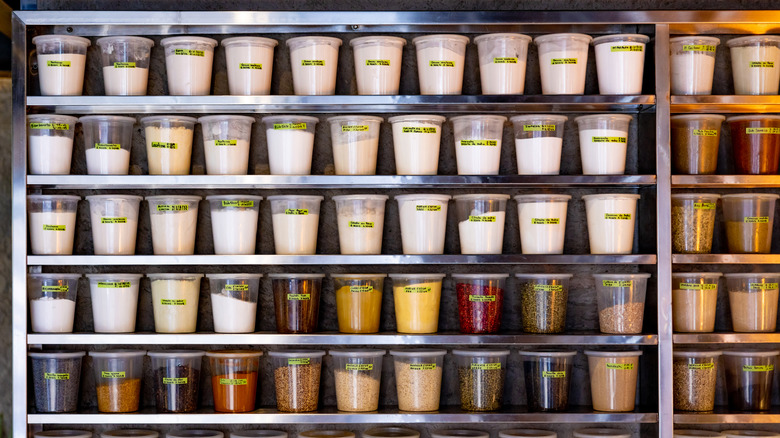 Pantry of ingredients in a commercial kitchen
