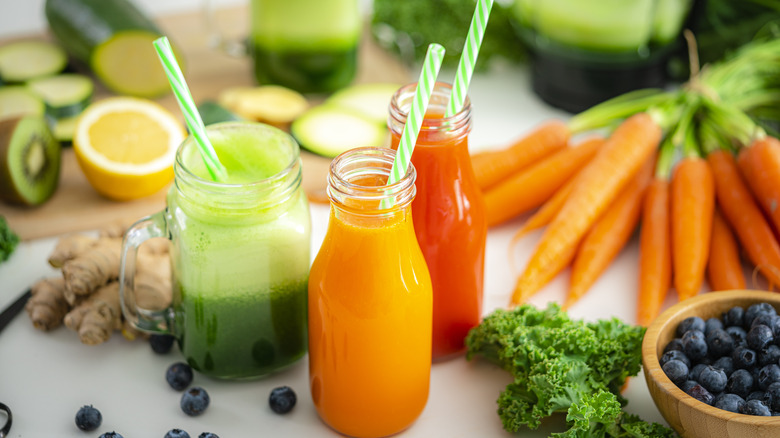 Fresh juices in glass bottles