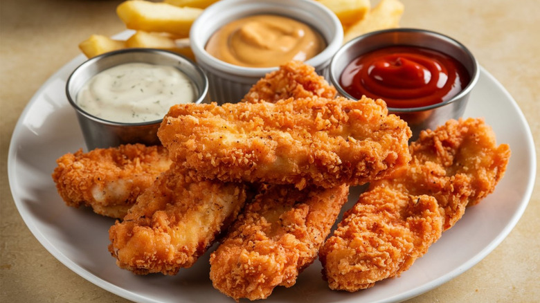 Plate of crispy chicken fingers with fries and dipping sauces