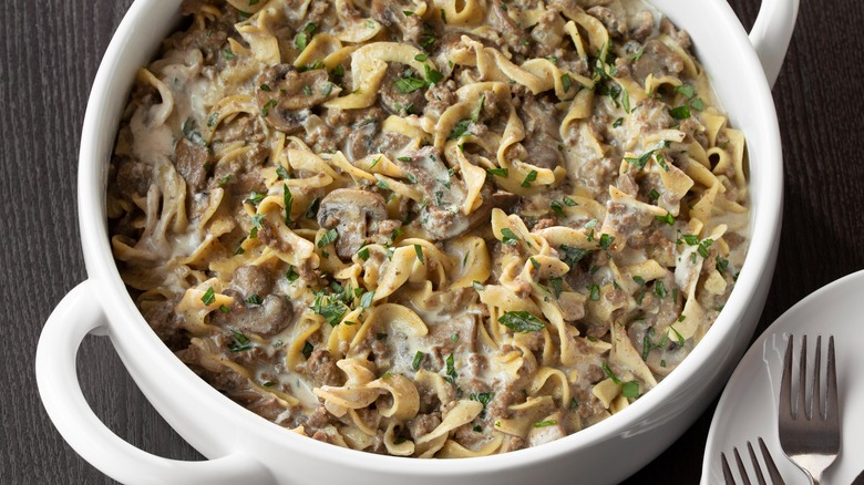 beef noodle casserole in a bowl