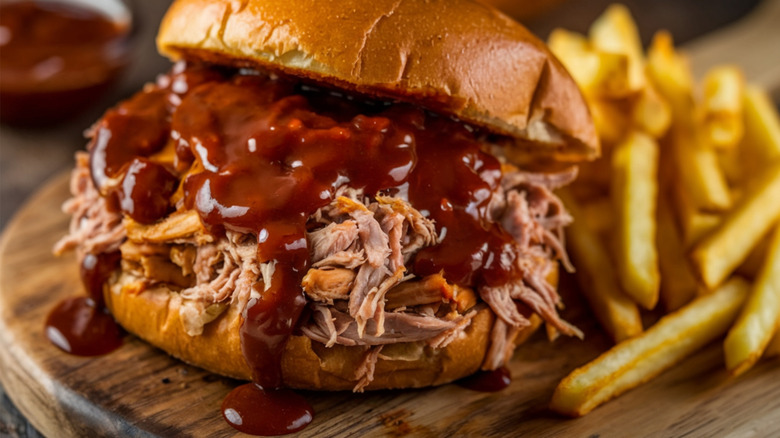 pulled pork sandwich with barbecue sauce and fries