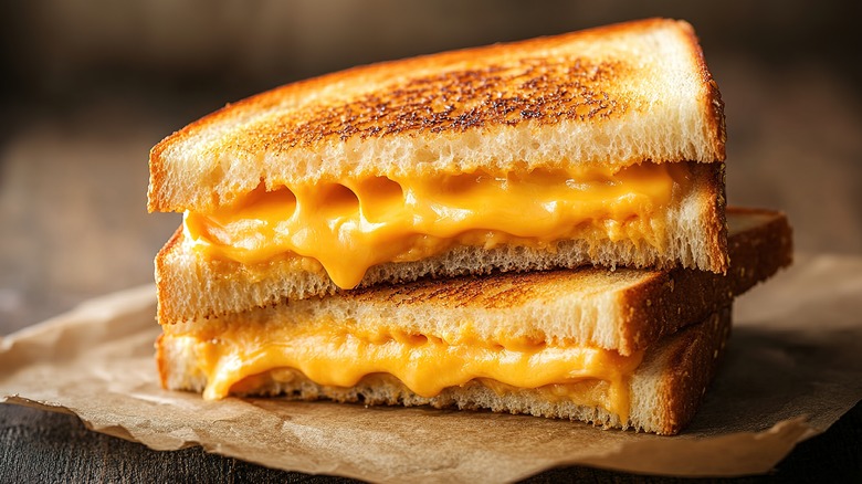 Toasted grilled cheese sandwich halves stacked atop parchment