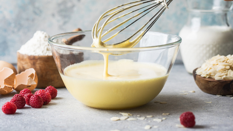 Pancake batter on whisk