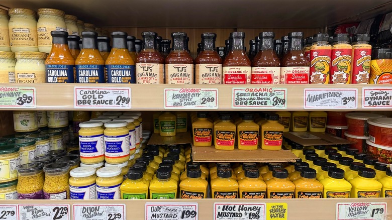 Condiments on the shelf at Trader Joe's.