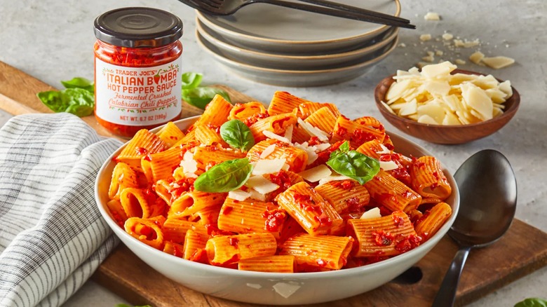 Italian Bomba Hot Pepper Sauce with a bowl of rigatoni.