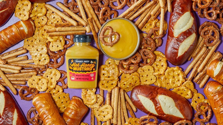 Hot Honey Mustard from Trader Joe's with pretzels and pretzel chips.