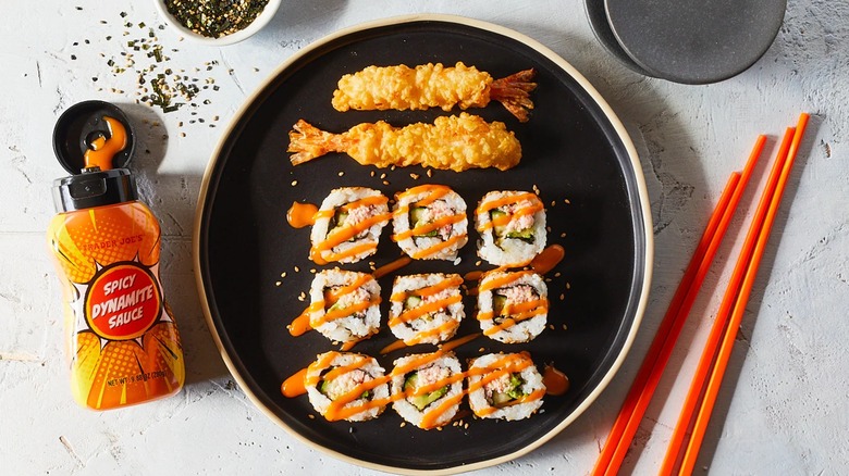 Spicy Dynamite Sauce from Trader Joe's with sushi and shrimp tempura.