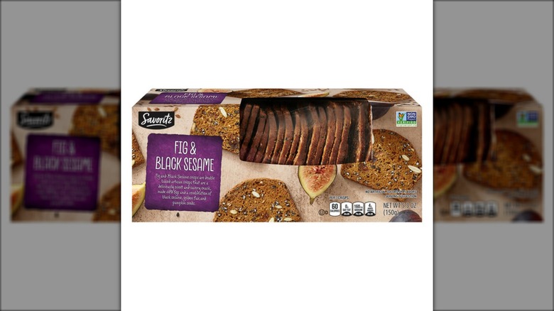 A package of Savoritz Fig & Black Sesame Artisan Crisps from Aldi