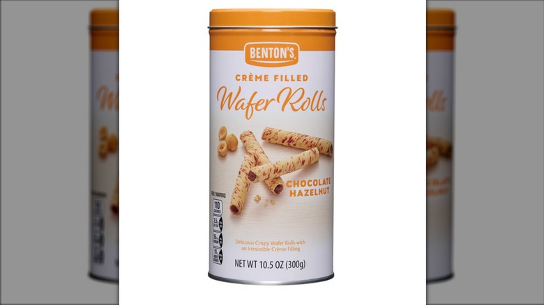 A canister of Benton's Chocolate Hazelnut Crème Filled Wafer Rolls from Aldi