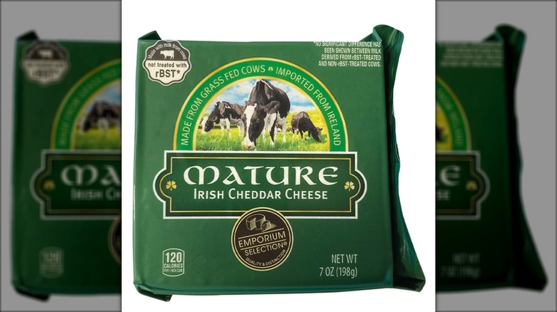 A package of Emporium Selection Mature Irish Cheddar Cheese from Aldi