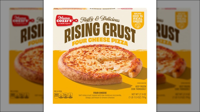 A box of Mama Cozzi's Pizza Kitchen Four Cheese Rising Crust Pizza from Aldi