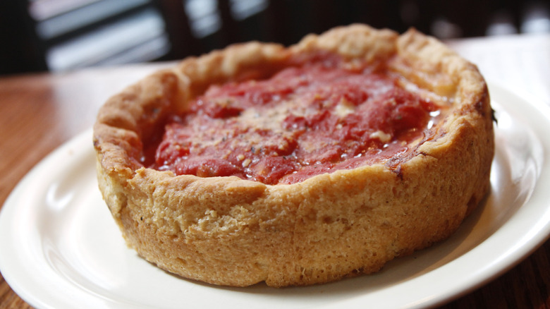 A deep-dish pizza from Pizzeria Uno.