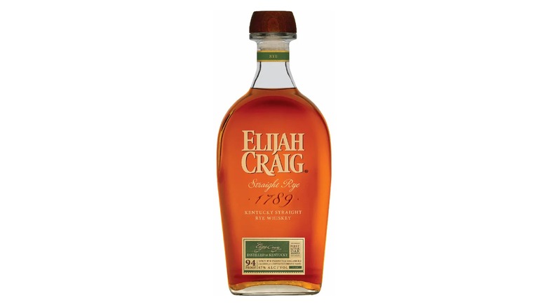 A bottle of Elijah Craig Straight Rye whiskey.