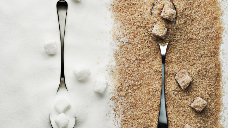 white and brown sugar granules and cubes