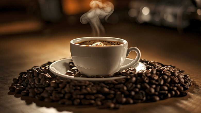 Steaming white cup of coffee on a saucer resting atop a pile of coffee beans