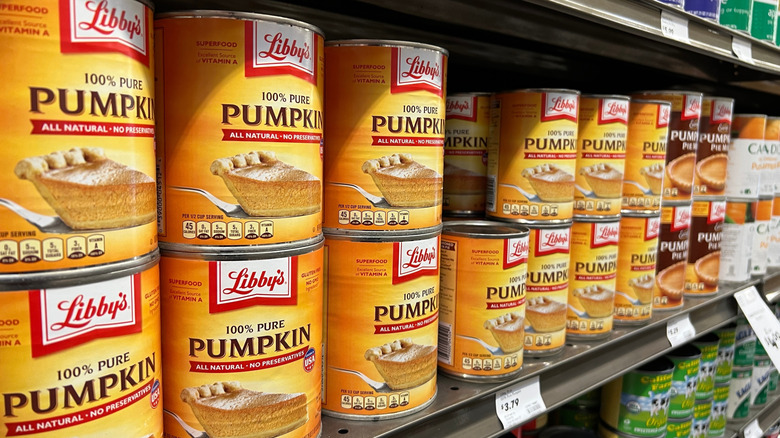 Shelf filled with canned pumpkin